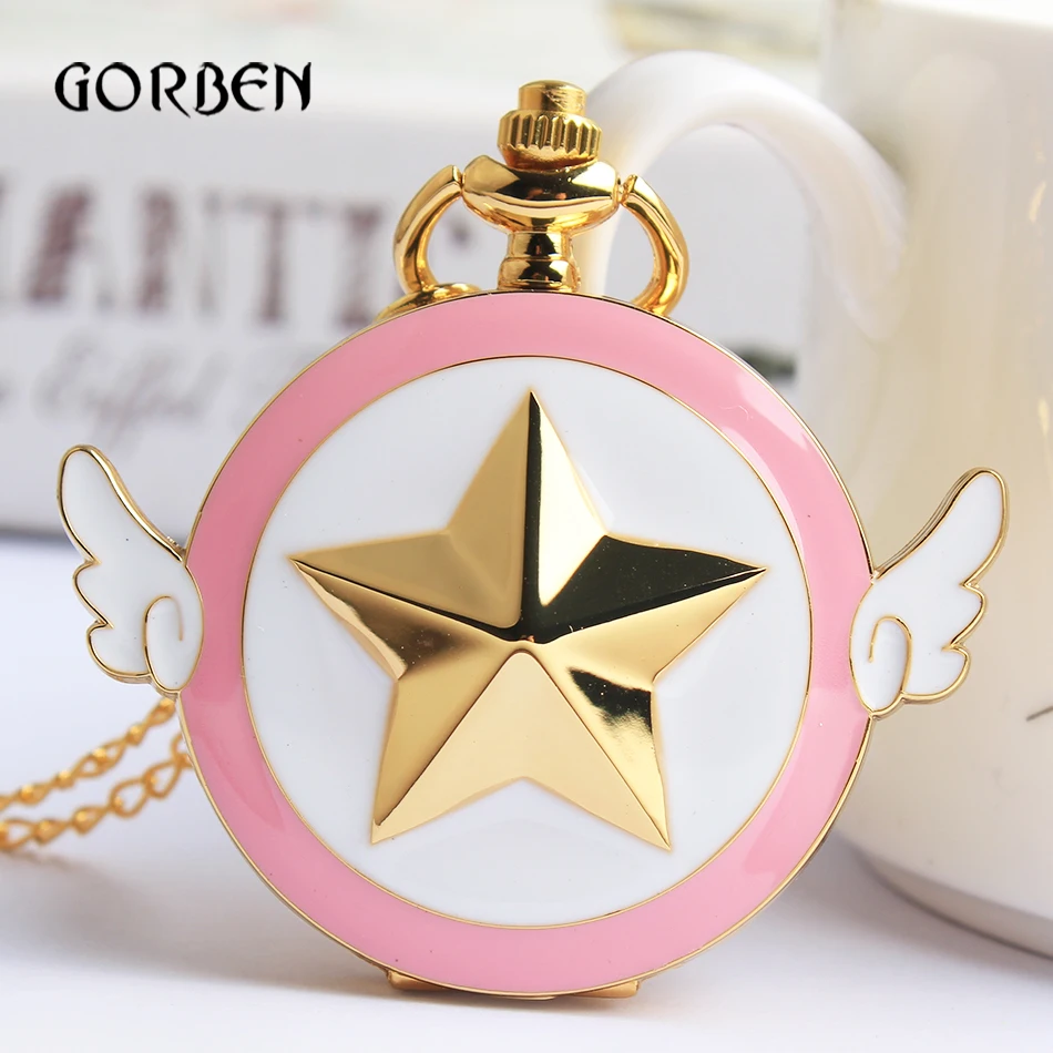 

Lovely Pink Fashion Sailor Quartz Pocket Watch Star Wings Fob Clock Necklace Chain Gifts For Men Moon Girl Relogio DeBolso