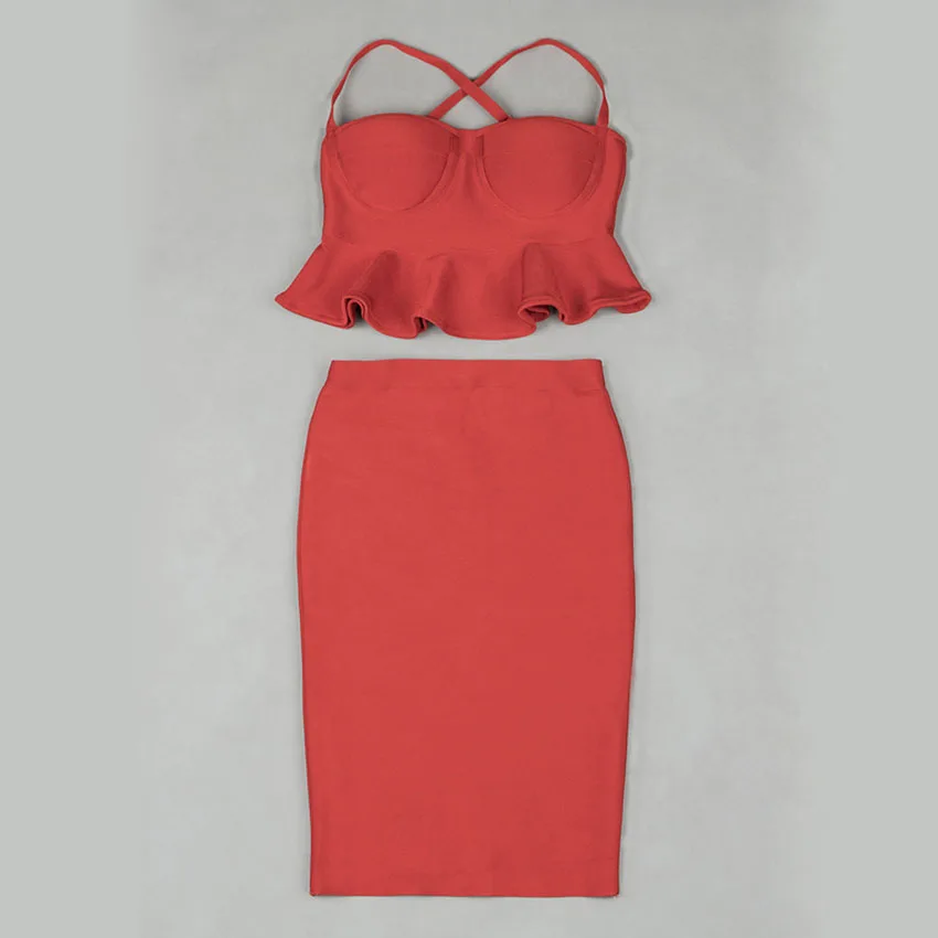 

2021 New Spaghetti Strap Bandage Dress Women Sleeveless Ruffle Bodycon Fashion Vestidos Two Piece Sets Women Party Dress