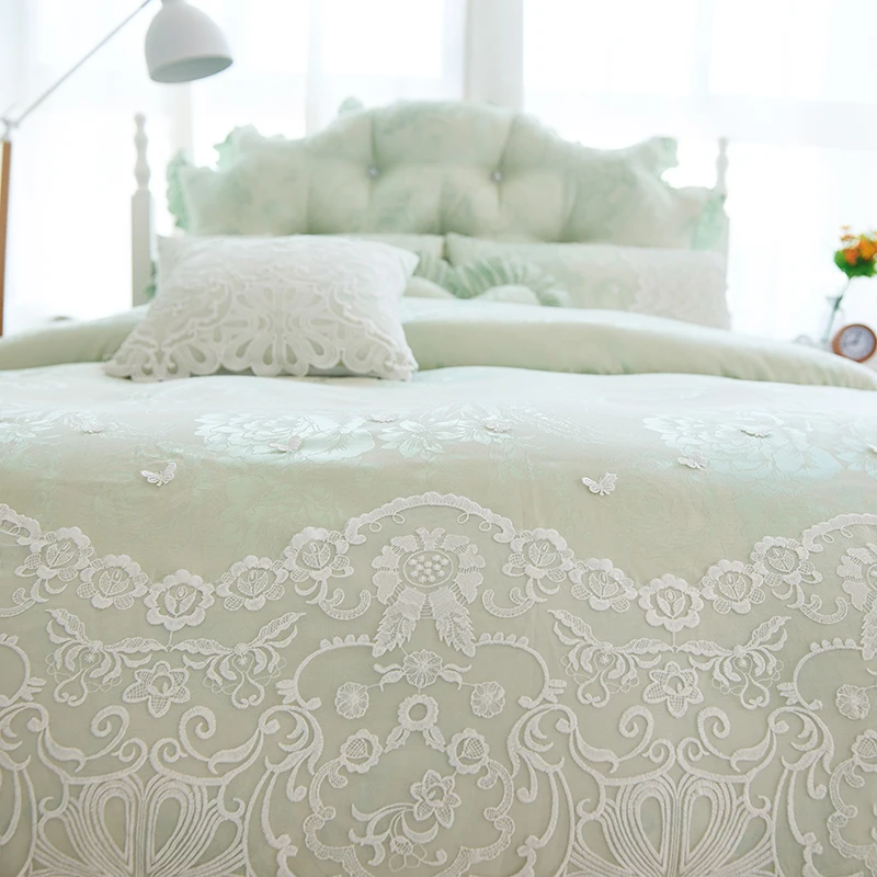 2019 White green princess style 100% Cotton lace jacquard luxury wedding Bedding Set Duvet Cover Bed Linen skirt Pillowcases | Дом и сад