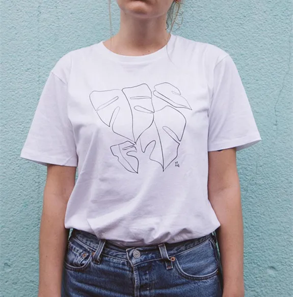 HAHAYULE-JBH Monstera T-shirt Line Art Unisex Handmade Silk Screen Print | Женская одежда