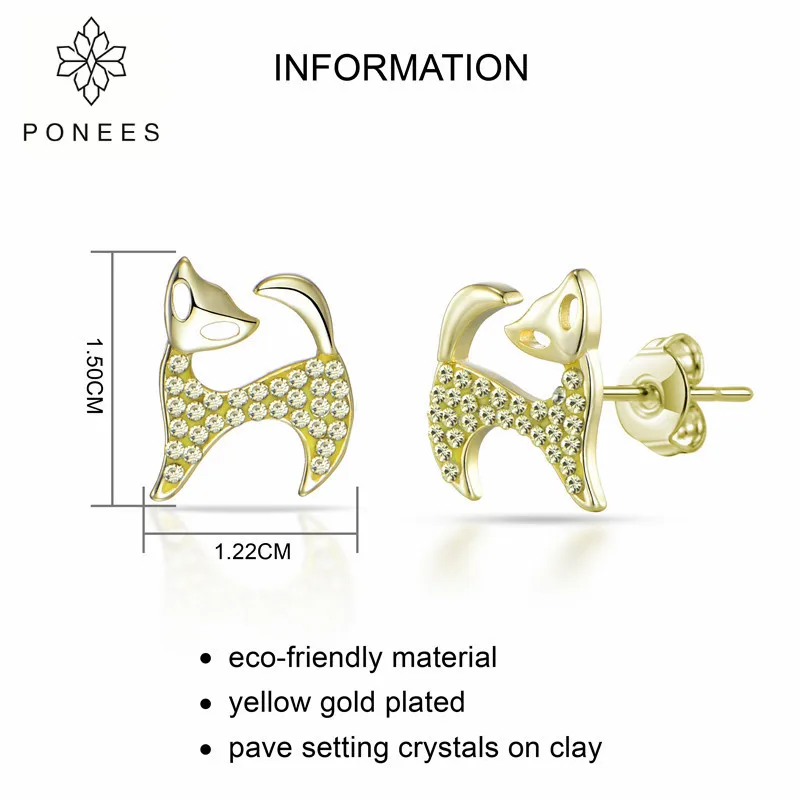 PONEES Elegant Jewelry Gold Color Cute Cat Stud Earrings For Women Brand Fashion Ear Full Of Crystals Gift | Украшения и