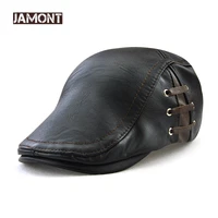 jamont fashion pu leather caps windproof man beret bandage hat spring flat cap casquette warm side strap boina masculina