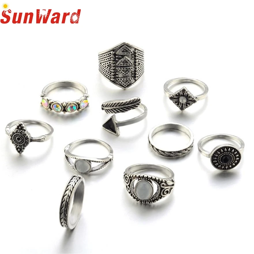 Fashion Rings joint ring suit 10pcs/Set Women Bohemian Vintage Silver Stack Above Knuckle Blue Set db8 p30 | Украшения и