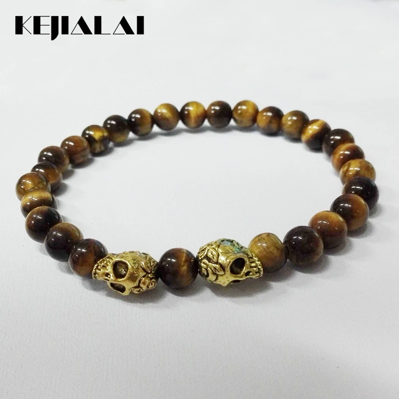 New Beaded Men's Bracelets 6mm A Grade Natural Yellow Tiger Eye Gem Stone Beads Double Gold Skull Jewelry | Украшения и