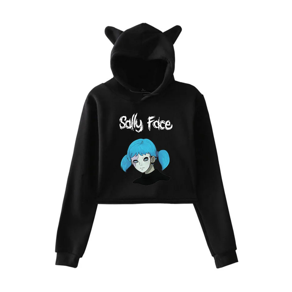 Новинка, милая Женская толстовка с капюшоном Sally face для девочек, кроп-топы с кошачьими ушами и принтом в виде глаз sally, укороченная толстовка с капюшоном в виде кошки, пуловер XXS-XXL