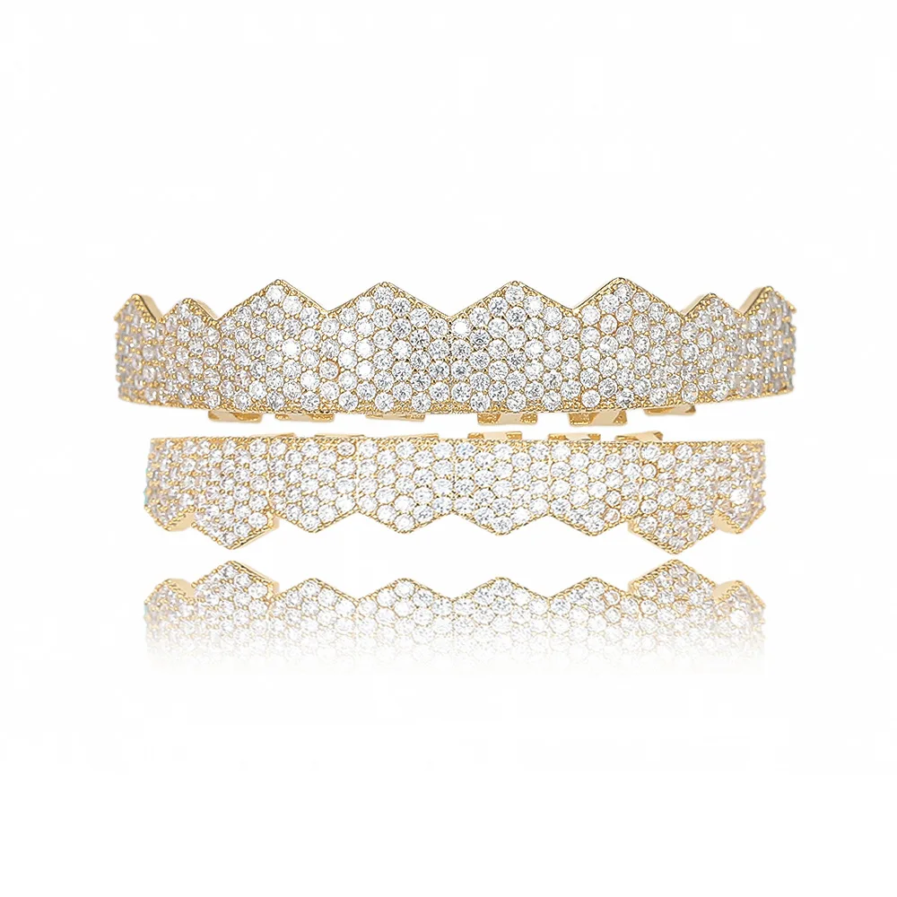 Хип хоп Micro Pave Белый CZ Циркон Bling Iced Out зубы Grillzs верхней нижней набор золото плоские зубные грили для мужчин рэппер ювелирные изделия