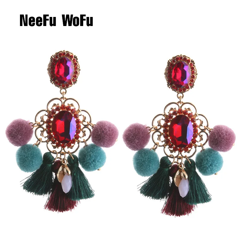 Большие серьги NeeFu WoFu гвоздики с помпоном кисточками оптовая продажа Кристальные