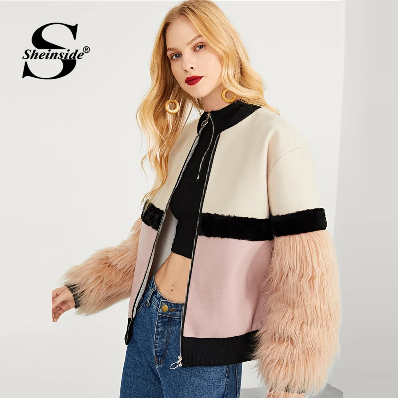 Sheinside, на молнии, искусственный мех, рукав, в клетку, зубчатый, пальто, женская одежда,, цветной блок, зимняя куртка, утолщенная верхняя одежда, женские пальто