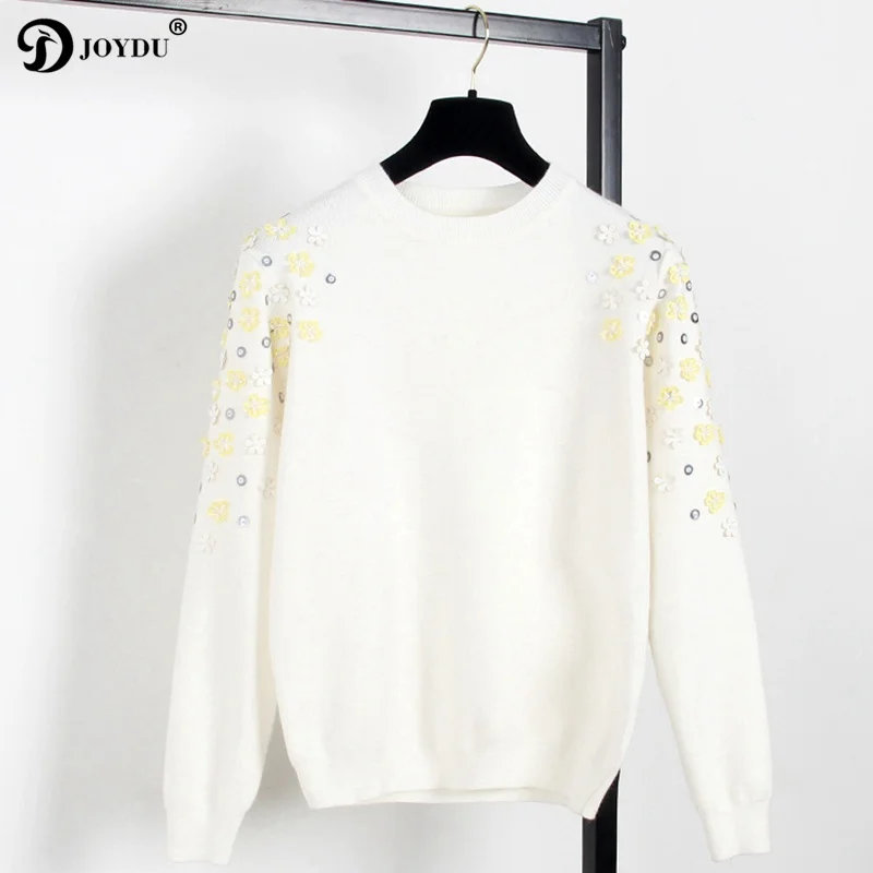 JOYDU Runway Design Sweater Women 2018 Korean Fashion Knit Pullover Flower Beading Office Lady Winter Casual Jumper pull femme | Женская