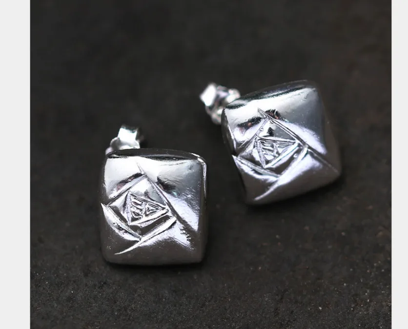 Uglyless Real S 990 Silver Square Studs for Women Handmade Engraved Rose Flower Stud Earrings MINI Size Geometric Brincos Bijoux | Украшения