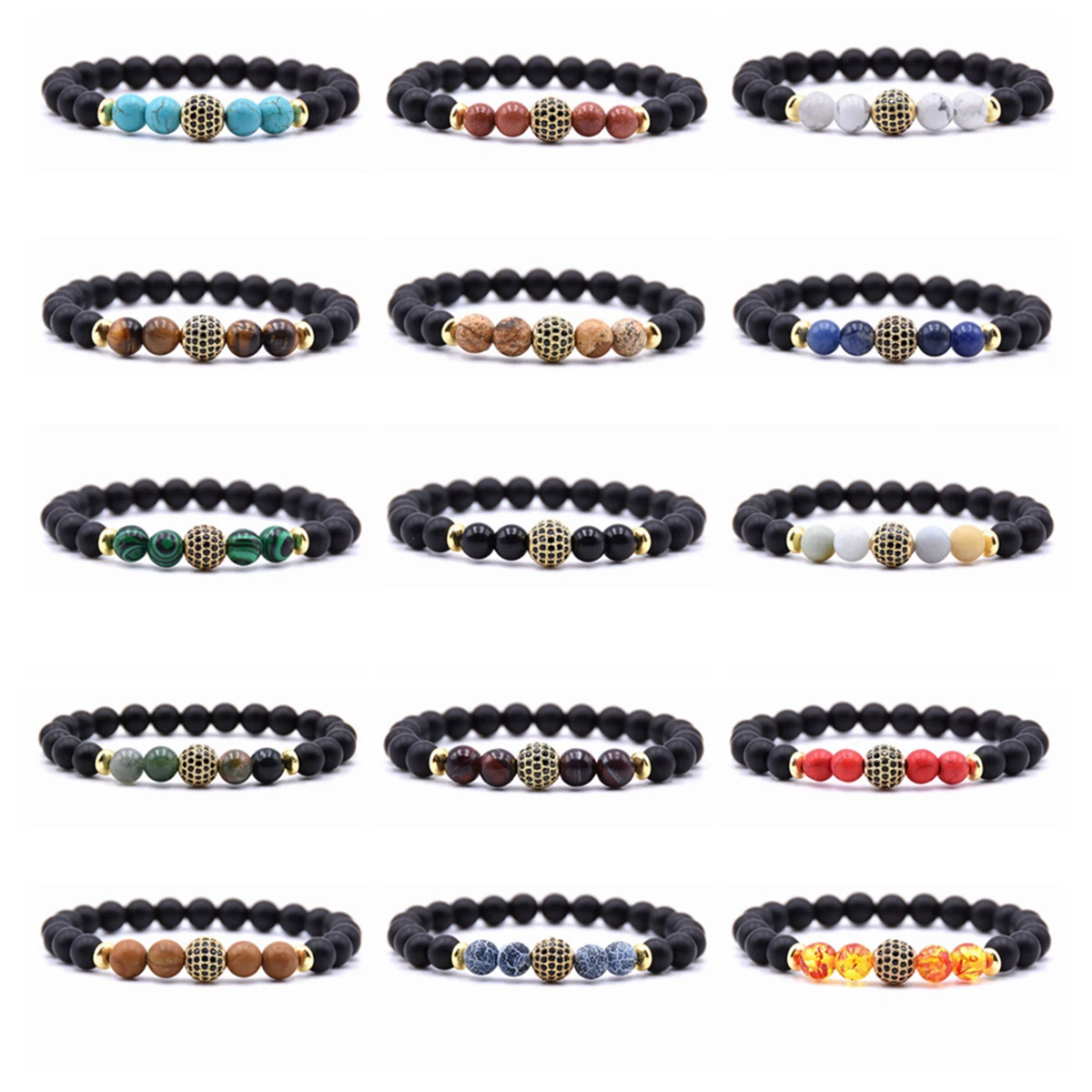 Fashion Male Women Beads Bangles Gold Cz Rhinestone Crystal Ball Elastic Natural Black Onyx Stone Bead Bracelets Jewelry Pulsera