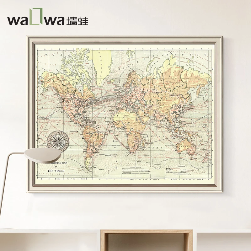 

The frog wall map of the world study decorative painting Retro Modern office painting giant Framed Art Museum mural painting