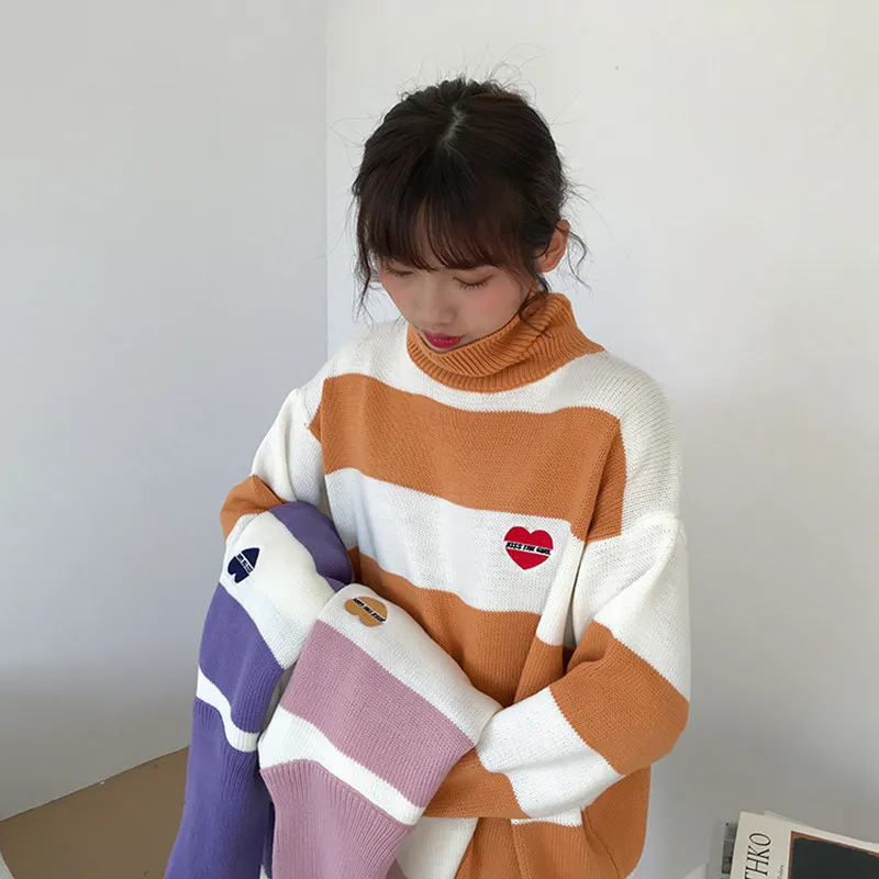 3 colors autumn and winter korean style candy color love stripe knitted turtleneck sweaters womens pullovers (F1348) | Женская одежда