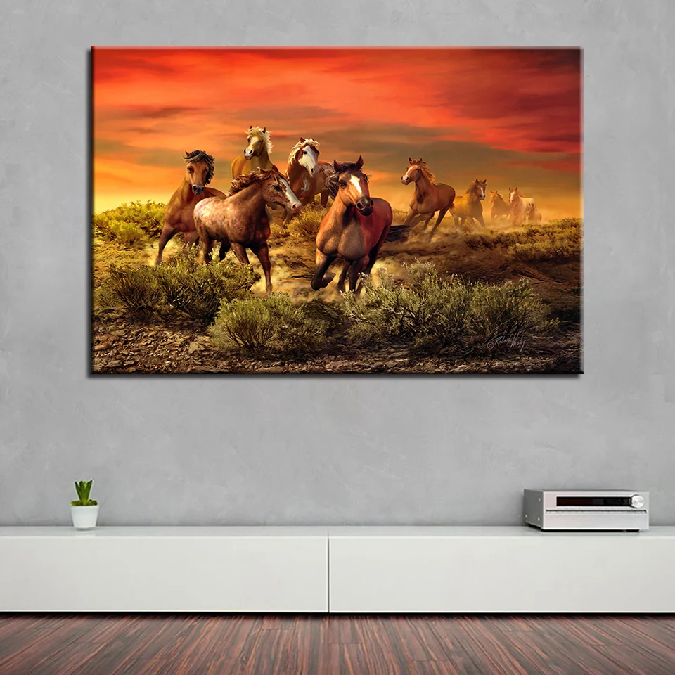 Холст картины Wall Art Home Decor HD печатает рамки 1 Piece/Pcs закат бег лошадей для гостиной
