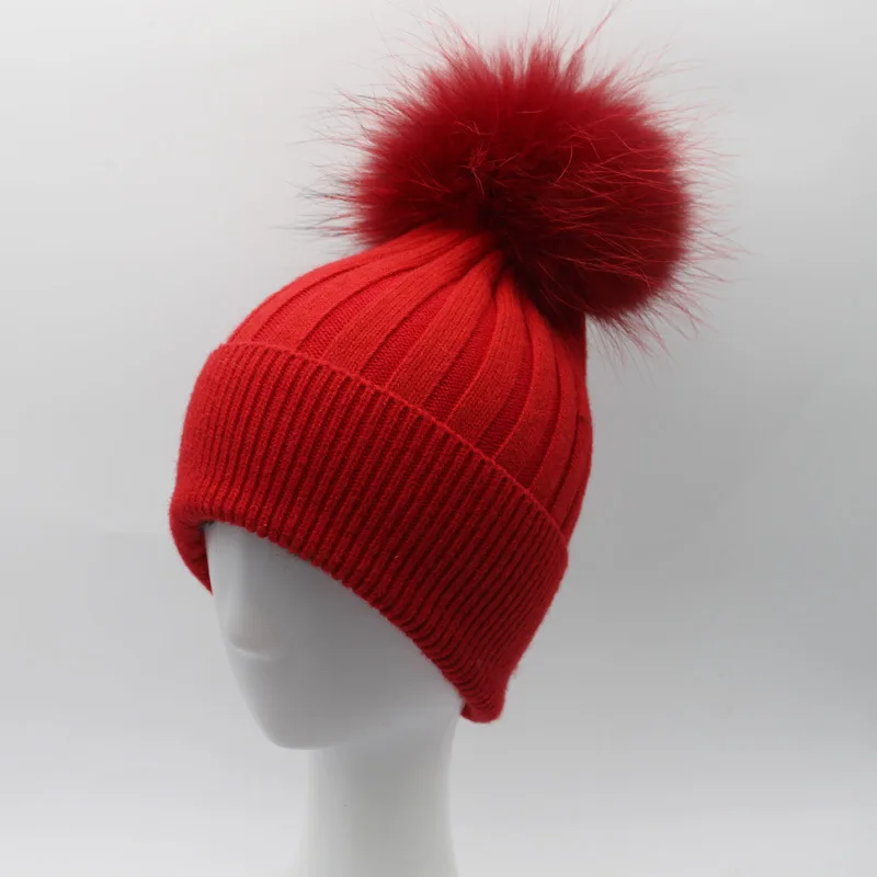 Женские шерстяные шапки Skullies шапочки 15 см с помпоном из меха енота женские зимние
