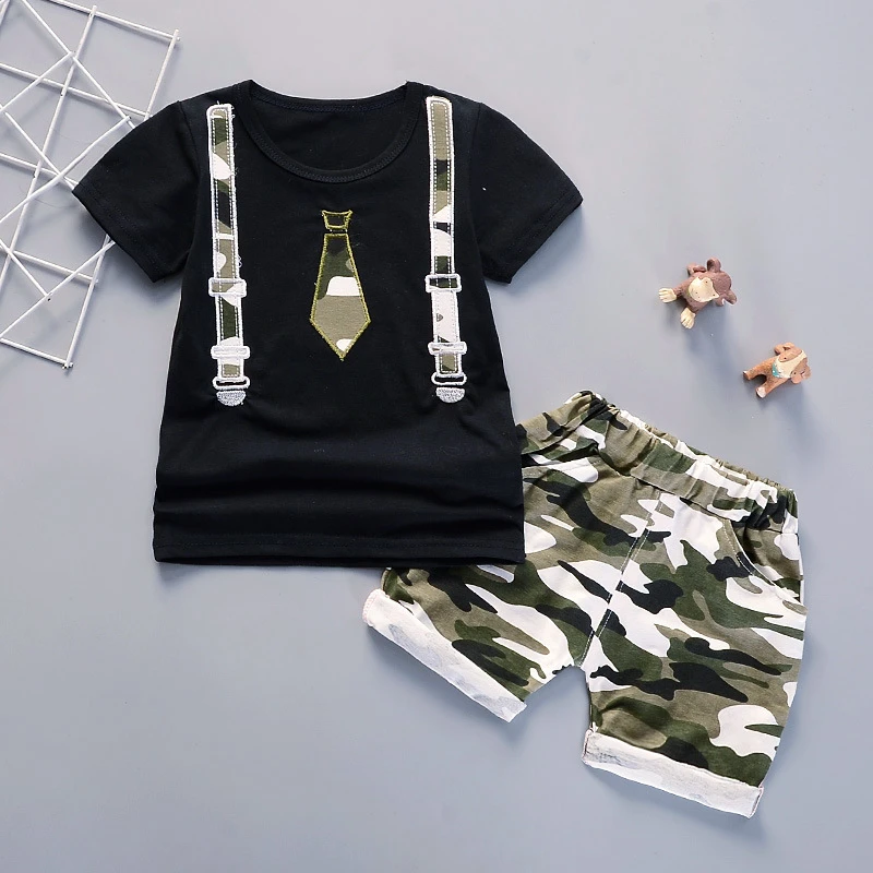 Toddler Baby Boys Clothes Set Tie Print T-shirt Short Sleeve Tops Camouflage Shorts 2Pcs Children Boy Summer | Детская одежда и