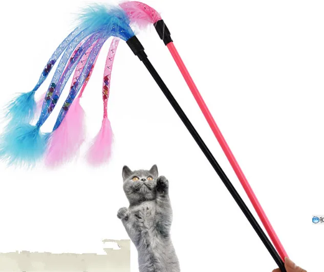 

usd 1.85/pc Free shipping pet cat kitten playing toys cat fishing pole stickers teasers turkey feather silver bell 20pcs/lot .