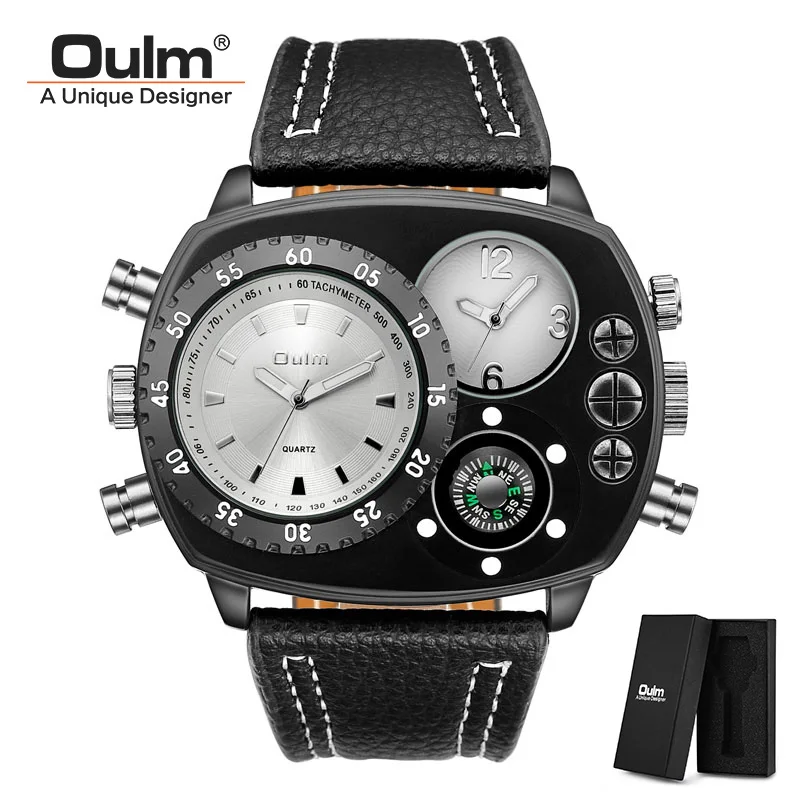 Silver Oulm 9865 мужские часы Топ люксовый бренд спортивные наручные часы несколько часовых поясов квадратные кварцевые военные часы из натуральной кожи - Color: Silver