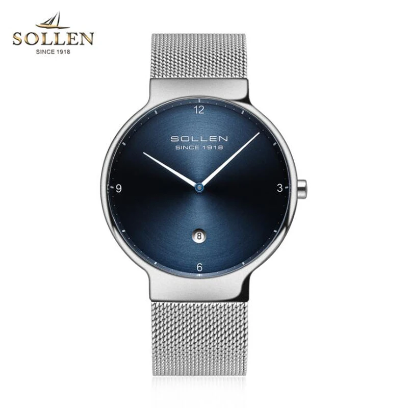 Men Silver Blue SOLLEN часы в простом стиле для мужчин и женщин ультра-тонкий сетчатый ремень кварцевые часы модные черные белые наручные часы, кварцевые часы подарки - Цвет: Men Silver Blue