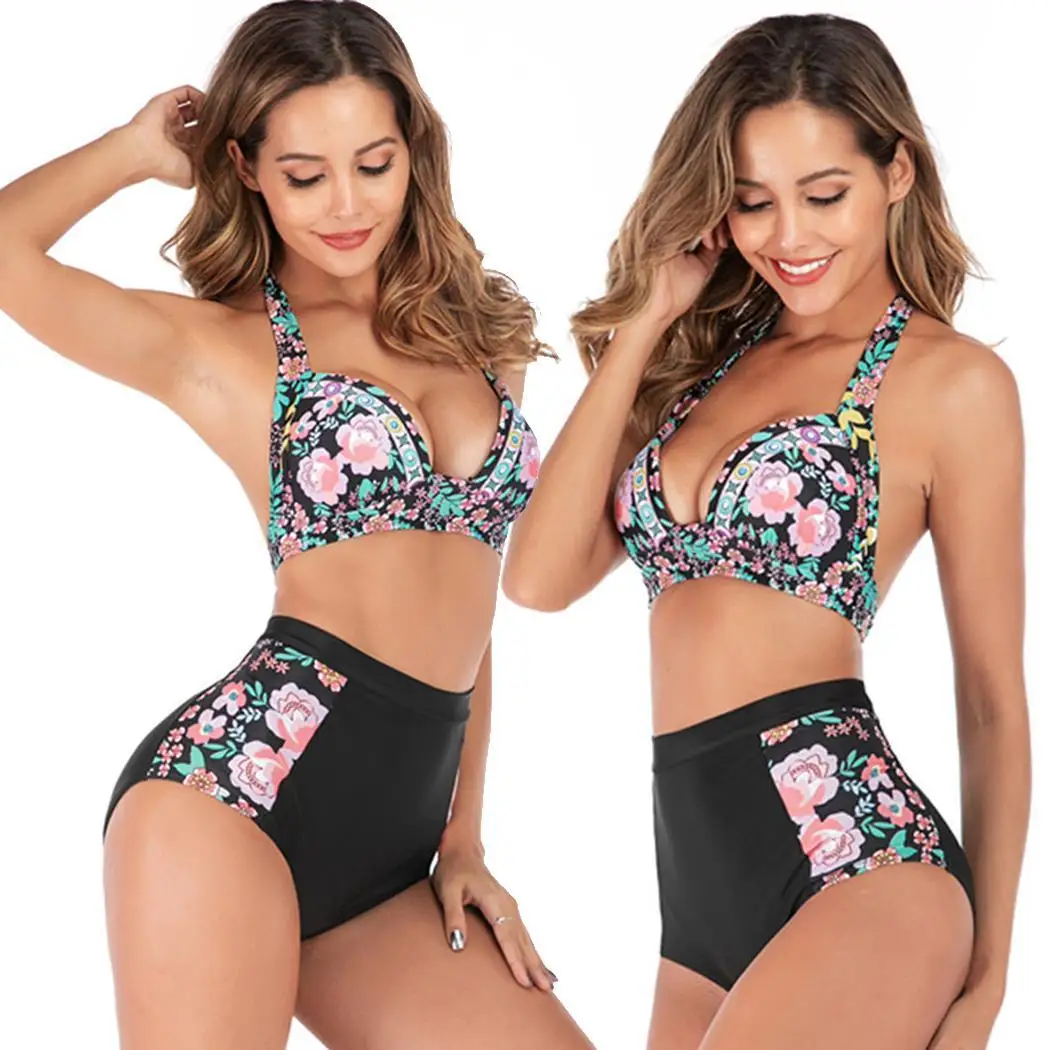 Women Summer Floral Printing High Waist Wire Free Bikini Two Casual Pool Beach Piece Slim Padded Swimsuits |