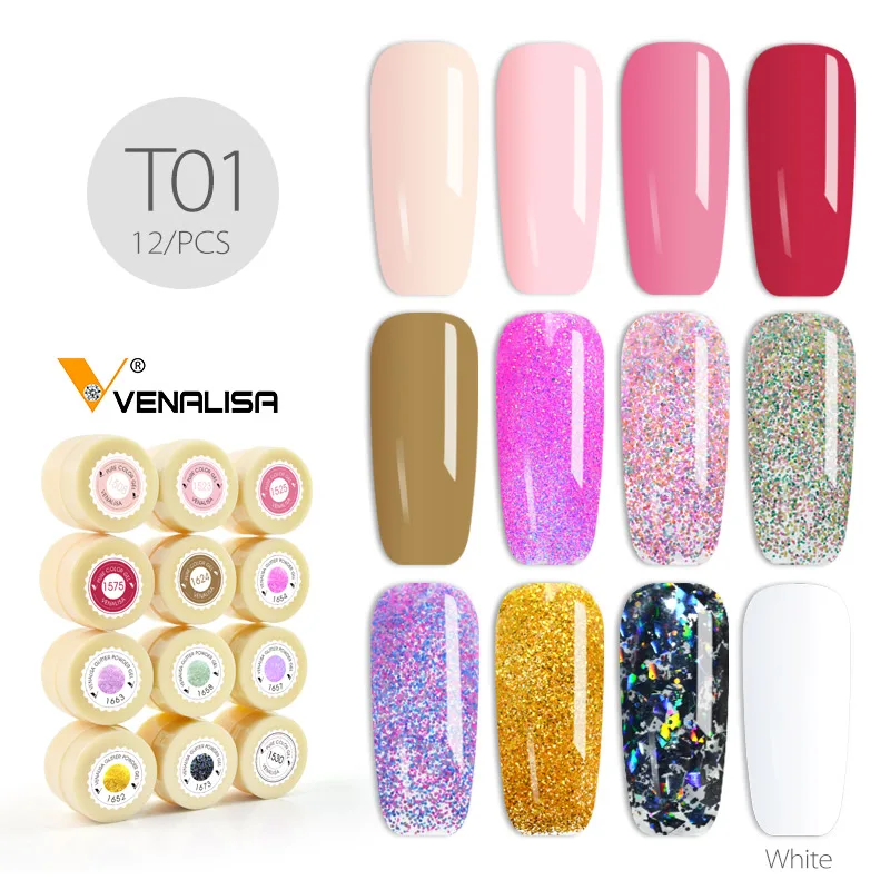 T01 12 шт. Venalisa продукты для нейл-арта 5 мл Светодиодный УФ-гель для нейл-арта Краска УФ Гель-лак для ногтей Дизайн ногтей гель набор - Цвет: T01