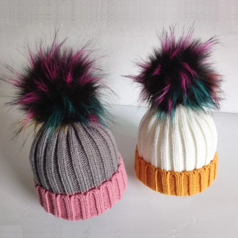 Новые детские Лоскутные Полосатые съемные пушистые Меховые помпоны вязаные