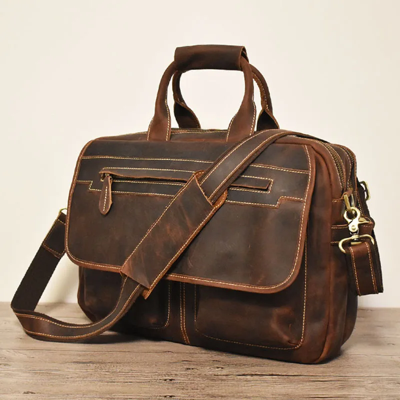 Винтажный коричневый плотный прочный мужской портфель из натуральной кожи Crazy