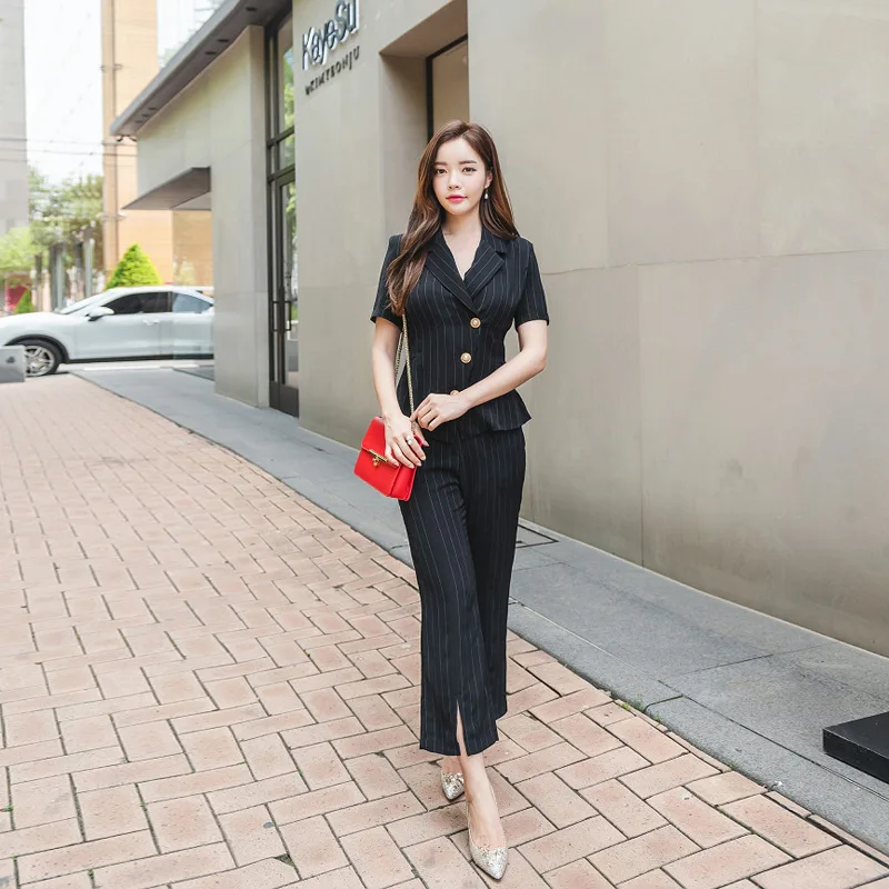 Women's OL Office Work 2 Pieces Set Striped Short Sleeve Singer Button Blouse and Sheath Long Pants Women Two Piece | Женская одежда