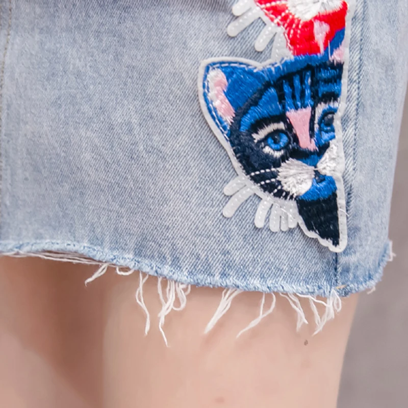 Denim Skirts Womens 2019 Spring Summer Embroidery Cats Mini Lady High Waist Short Style Slim package Hip Skirt Female | Женская одежда