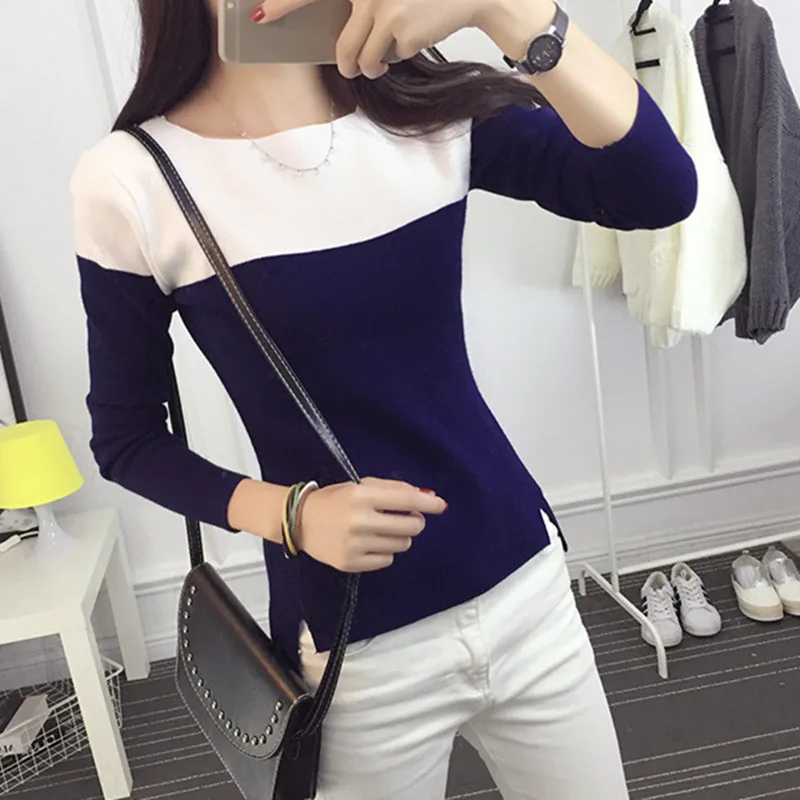 

2016 new hot sale women's spring autumn o-neck knit pullover sweaters woman patchwork casual shirt sweater 4 colors