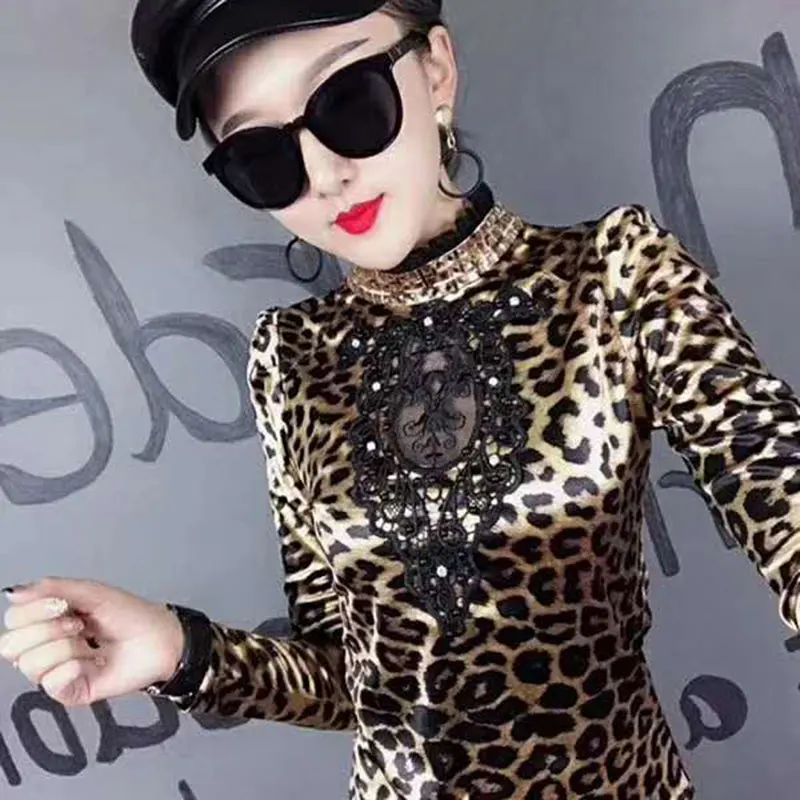 Leopard tshirt Кружевной Леопардовый пуловер с вышивкой, футболка, новинка, весна-осень, Женская облегающая блузка с длинным рукавом, одежда High Street T92913 - Цвет: Leopard tshirt