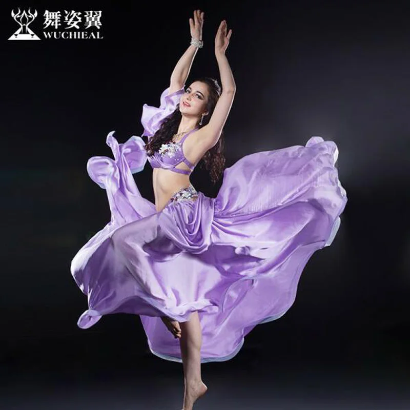 Purple Новинка, высокое качество, костюм для танца живота, платья, Сексуальные Топы+ юбка, сценические костюмы, костюмы, одежда M/L, 4 цвета - Цвет: Purple