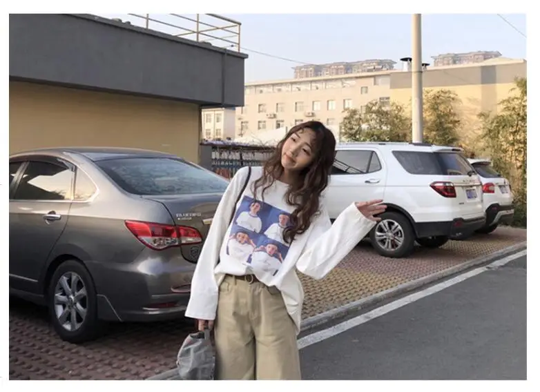 YouGeMan футболка Femme осень женские с длинным рукавом базовые Топы Корейский Ulzzang Harajuku мультфильм свободные белые футболки