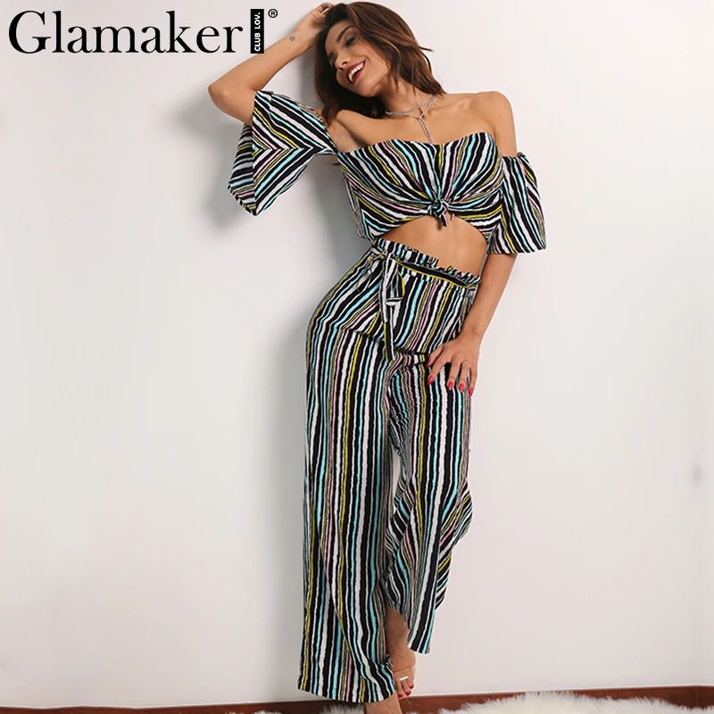 Женский комбинезон с открытыми плечами Glamaker Летний в полоску на шнуровке костюм