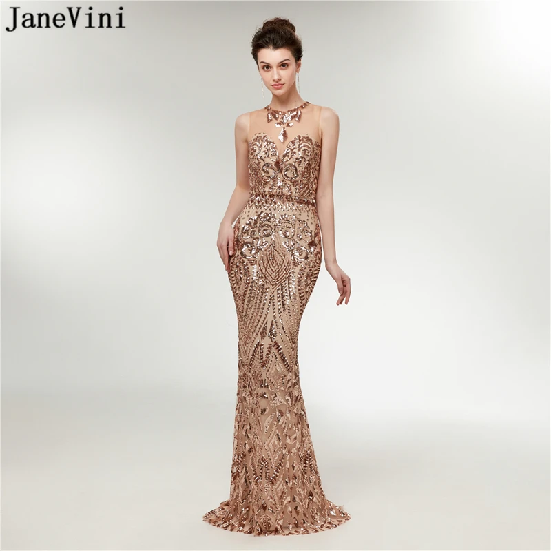 JaneVini 2018 блестящие золотые расшитые блестками Длинные платья подружки невесты