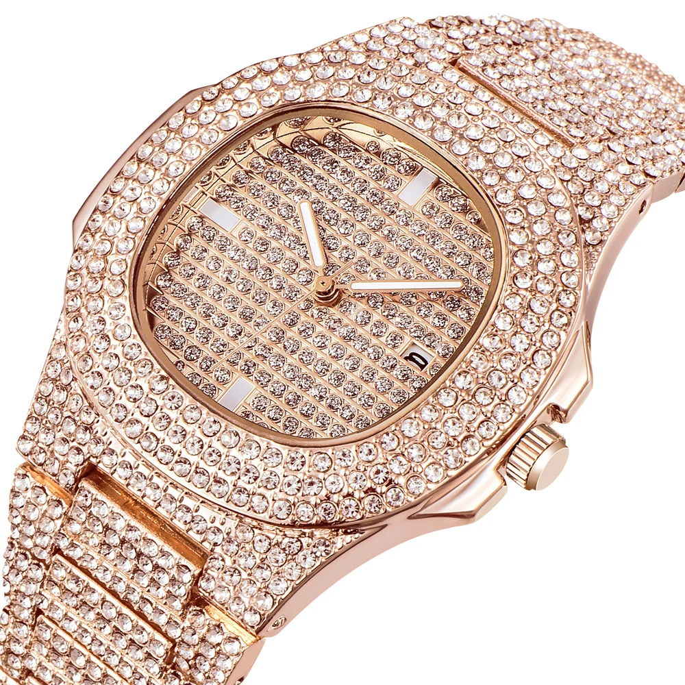 

Rose Gold Watches Mens Top Luxury Date Rhinestone Quartz Clock Man Business Wristwatch Steel Diamond Watch Men Relogio Masculino