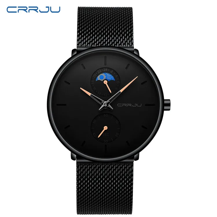 rose gold Топ бренд класса люкс CRRJU мужские полностью стальные сетчатые часы простые Стильные черные водонепроницаемые кварцевые наручные часы с фазой Луны Relogio - Цвет: rose gold