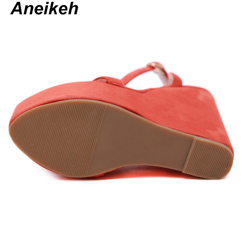 Aneikeh/; босоножки из искусственной кожи для отдыха; женские летние туфли на очень высокой танкетке; однотонные туфли на платформе с пряжкой и ремешком; цвет черный, оранжевый; Размеры 4-9