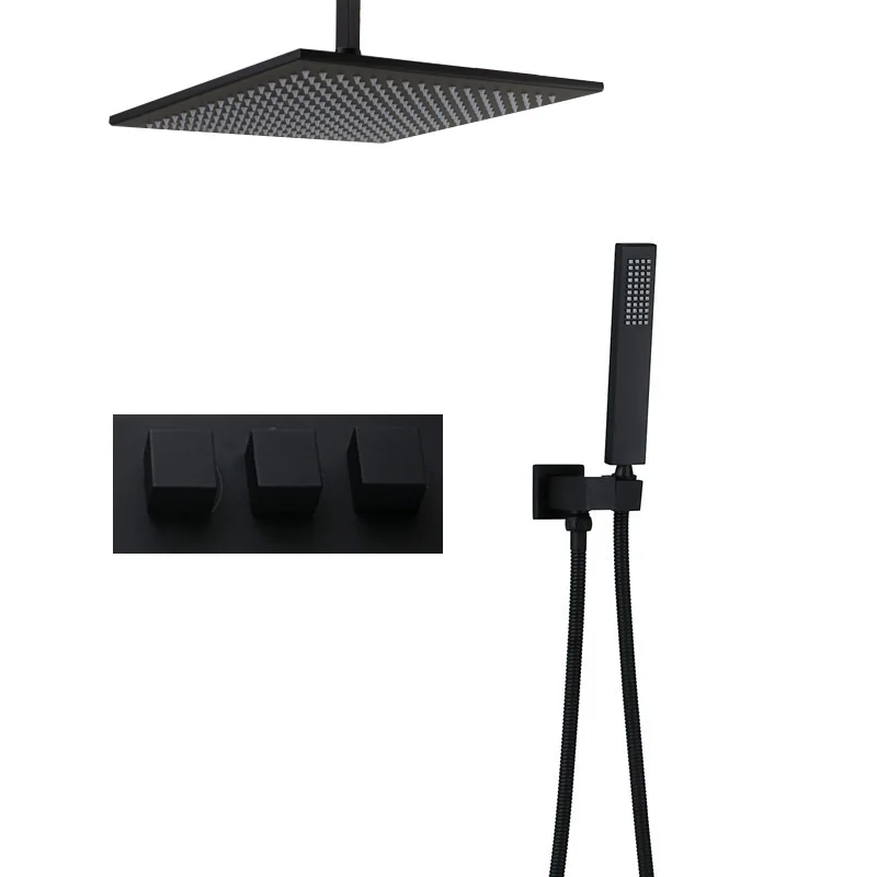 Black Brass Bath Shower Faucets 8-16 Rain Shower Head Bathroom Shower Set Diverter Mixer Valve Shower System Ceiling Concealed black shower set luxurious bath system large rain waterfall concealed led shower head 600x800mm with thermostatic shower faucets