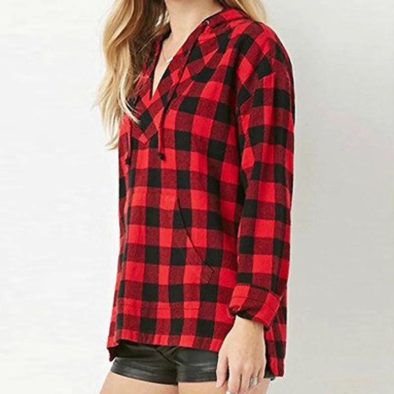 HEE GRAND 2018 Girls Blouses Spring Autumn Two Pockets Casual Loose Hoodies Red Black Plaid Shirts Women Blusas Feminina WCL1538 |