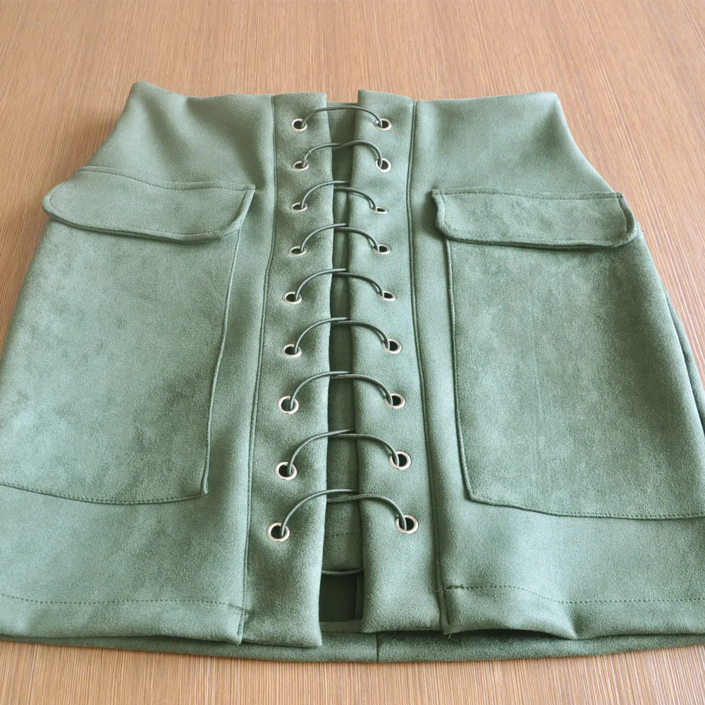 90`s High Waist Vintage Tight Suede Lace Up Skirt Autumn Winter Thick Pencil Preppy Mini Zipper split short | Женская одежда