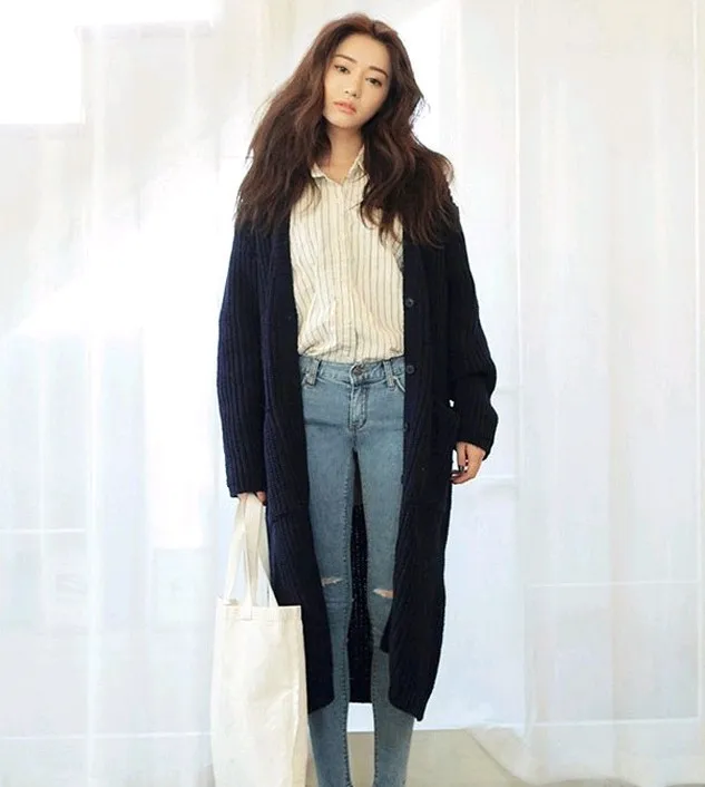 2018 New Fashion Autumn Winter Korean Women Loose Sweater Elegant Long Sleeve Knee Length Cardigan Tops H956 |