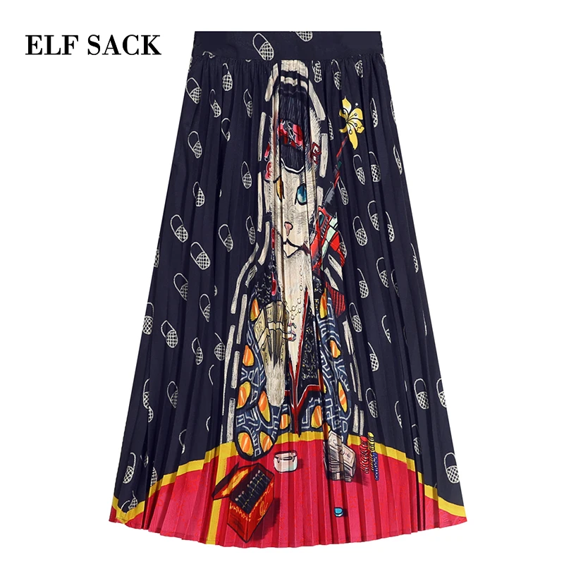 ELFSACK модная новинка шикарная Женская юбка с принтом кошек женские юбки до колена
