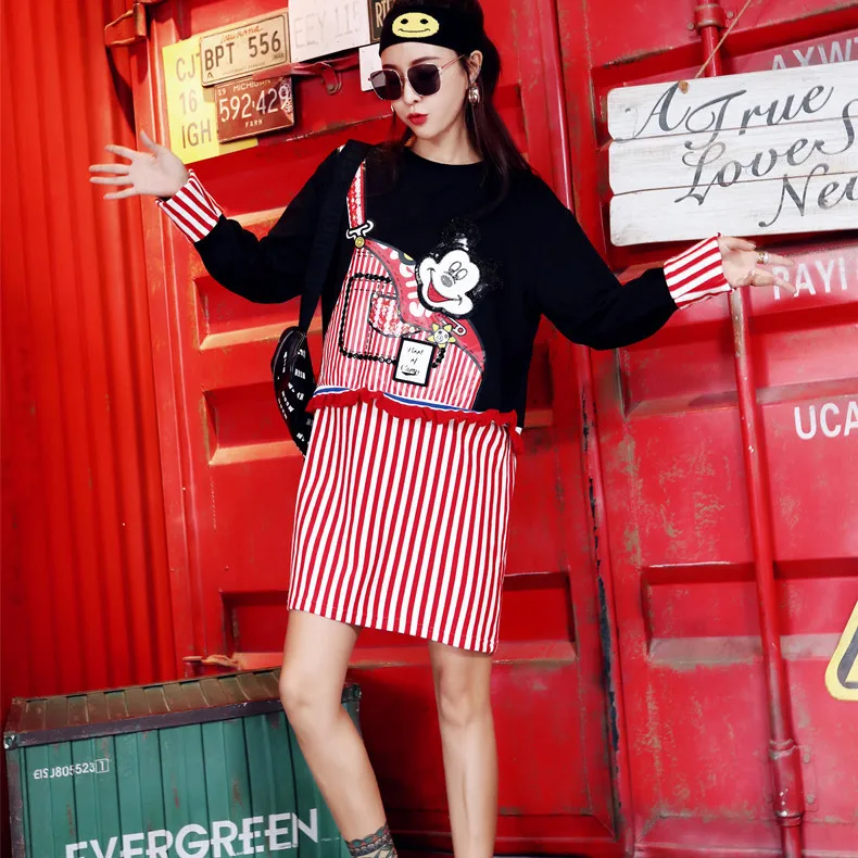 Autumn New Design Cartoon Sequins Long Sleeve Tees High Street Faux 2pcs Stripe Pullovers Big Size Casual Above Knee Dress | Женская