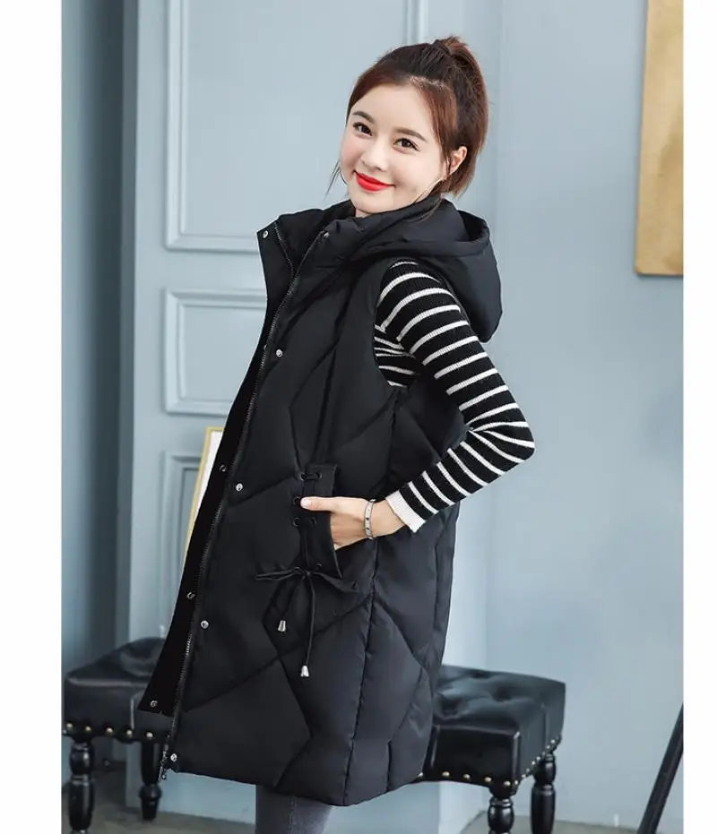 

Woman Winter Vests 2019 Winter Slim Long Style With Siamese Cap Women Vest Women Fashion Sleeveless Zipper Mid Long Warm Vests