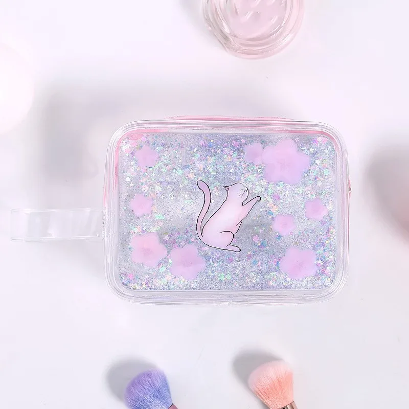 Женские дорожные косметички из ПВХ для девочек Kawaii Cat прозрачные блестки вишневые косметички для макияжа ящик-органайзер для хранения