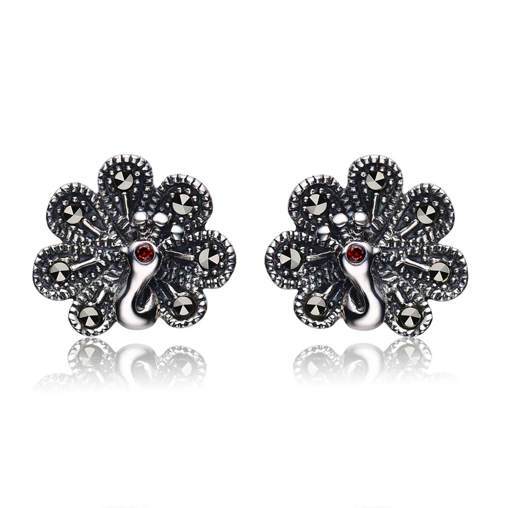 Aceworks Black Stone Earrings Authentic 925 Silver Stud Women Fashion Jewelry Mask Flip Flop Peacock Heart Shape ER1405 | Украшения и
