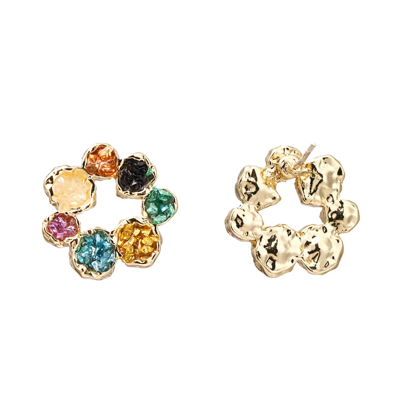 Yhpup Trendy Korean Flower Geometric Stud Earrings Natural Colorful Crushed Stone S925 Brincos for Girl Women Party Jewelry Gift
