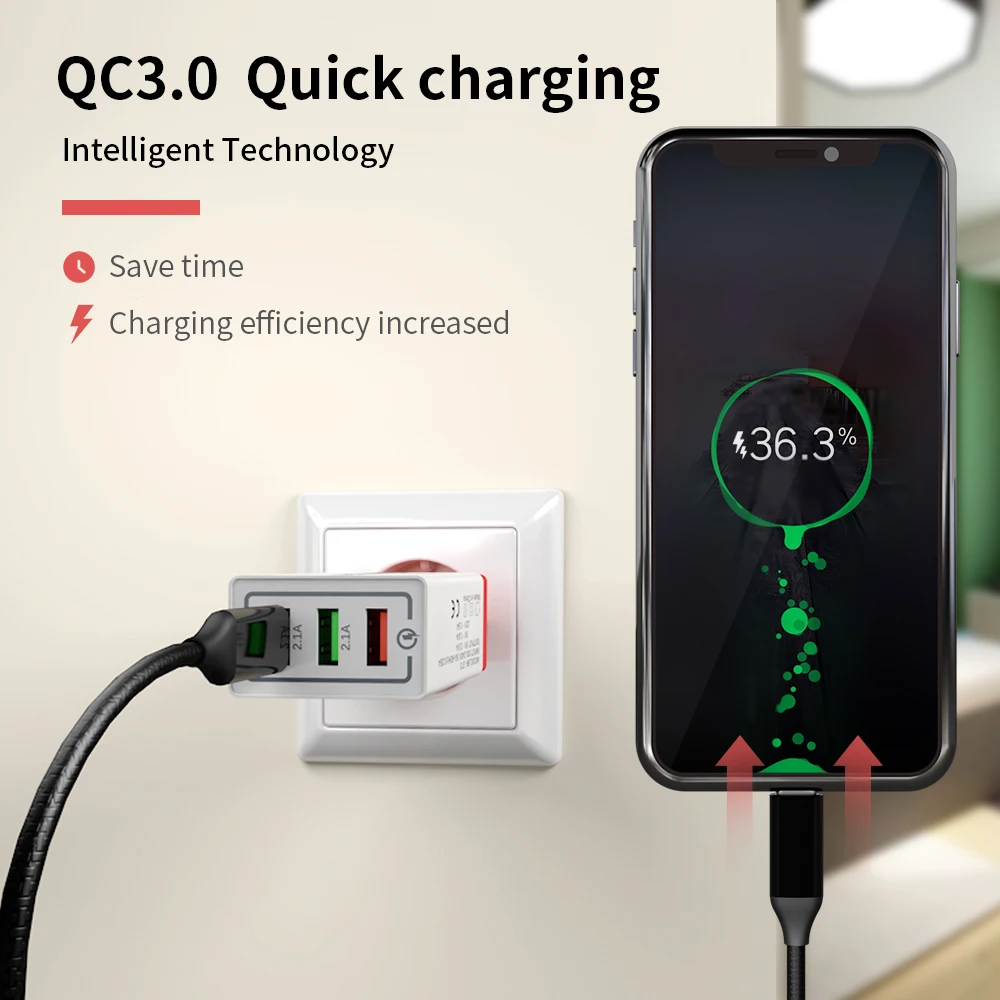 Зарядное устройство USB с 3 USB-портами и вилкой Стандарта ЕС/США быстрое зарядное QC 0