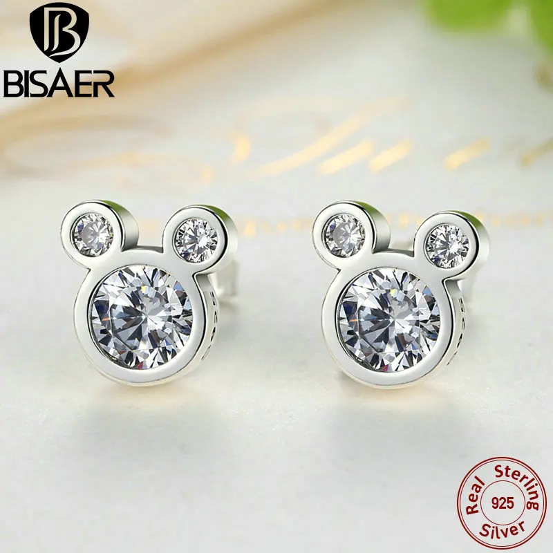 BISAER,, 925 пробы, серебряные серьги для женщин, мультяшная мышь, животное, дельфин, кошка, сверкающая Минни, серебряные 925, ювелирные изделия